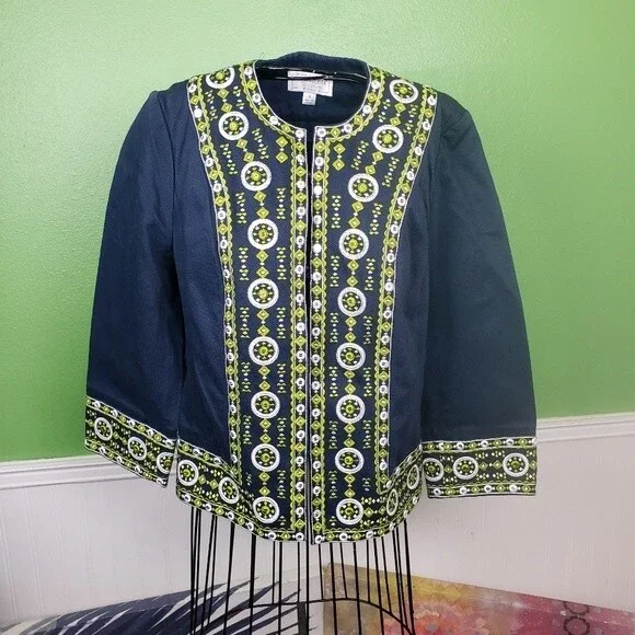 Victor Costa Womans Navy Blue Cotton Green Geometric Embroidered Jacket size sm - Picture 2 of 11